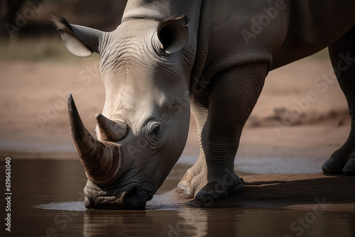 The white Rhinoceros is seen drinking from a waterhole  satisfying its thirst
