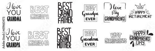 Collection of hand writhing banner phrases about grandparents. Best grandmother, the best grandfather isolated on white background. Vector illustration. 