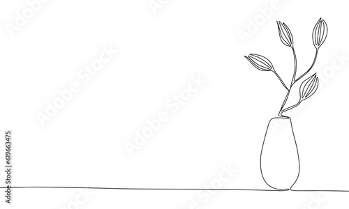 One Line Branch with leaves in vase Vector Drawing. Style Template Flower in vase. Modern Minimalist Simple Linear Style. 