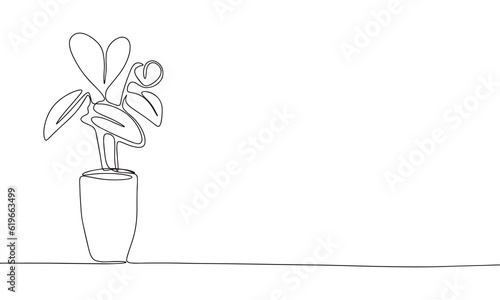 One Line Branch with plant in pot Vector Drawing. Style Template home plant in pot. Modern Minimalist Simple Linear Style. 