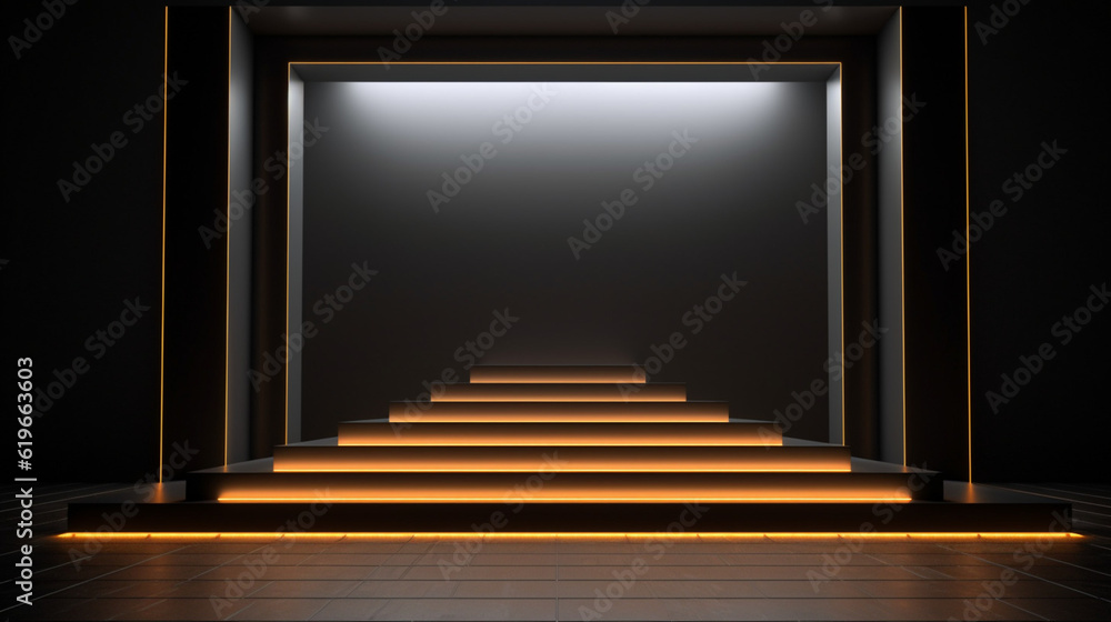 Golden Light neon on black background with Generative Ai. Empty stage show. Night club interior. Golden Light neon on black background with Generative Ai. Empty stage show. Night club interior.