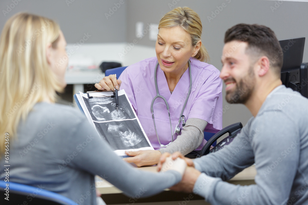 Fototapeta premium doctor or gynecologist or obstetrician physician showing ultrasound photo
