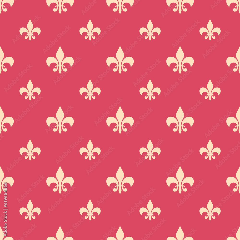fleur-de-lis seamless pattern.Pink white template. Floral texture. Elegant decoration, royal lily retro background. Design vintage for card, wallpaper, wrapping, textile.