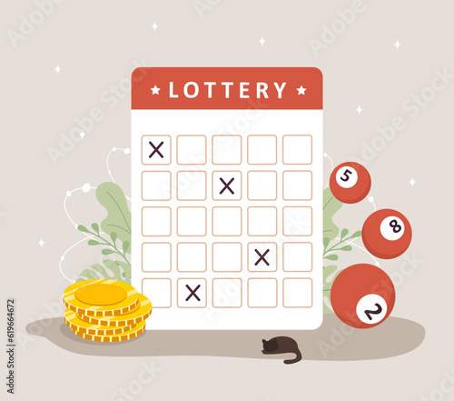 Lottery ticket with gold coins and balls. Gambling game. Hobby and leisure concept. Vector illustration in flat cartoon style.