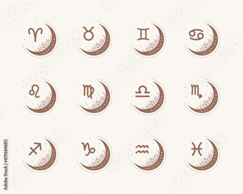 Set of astrological zodiac sign. Horoscope icons in boho minimalist style. Mystic vector illustration. Spiritual tarot card. Hand drawn magic vintage logos.