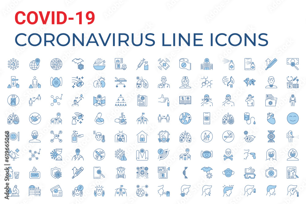 Coronavirus COVID-19 pandemic respiratory pneumonia disease related vector icons set. Included icons symptoms, transmission, prevention, treatment, virus, outbreak, contagious, infection 2019-nCoV Coronavirus COVID-19 pandemic respiratory pneumonia disease related vector icons set. Included icons symptoms, transmission, prevention, treatment, virus, outbreak, contagious, infection 2019-nCoV