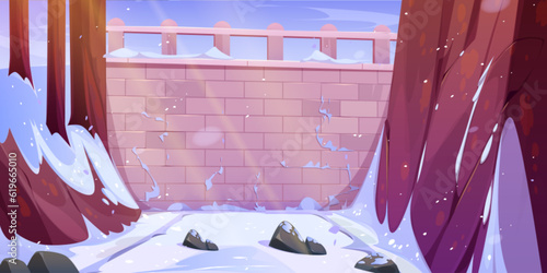Brick wall in winter forest vector background. Frozen garden with stone viaduct or bridge with balustrade nature wallpaper. Environment game area location with masonry fence and white snow, light beam