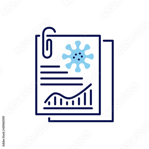 Analysis related vector icon. Study report on sheets of paper with the image of the virus and graphs. Isolated on white background. Editable eps. Vector illustration