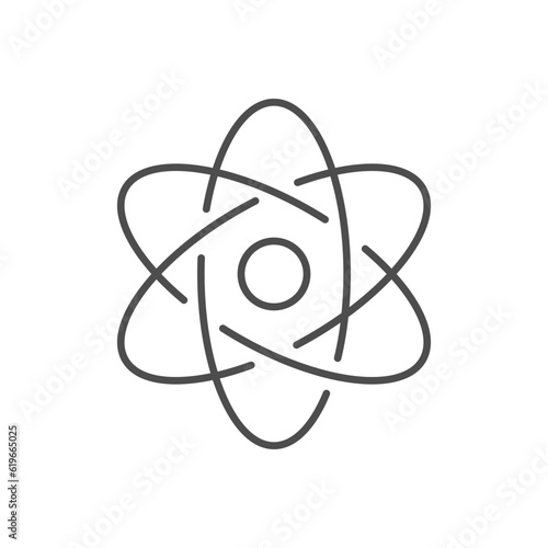 Atom related vector line icon. Vector outline illustration Isolated on white background. Nuclear energy source. Atom core with electrons orbits. Science, physics and chemistry symbol. Editable stroke