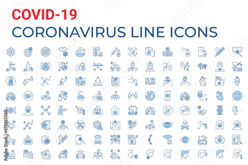 Coronavirus COVID-19 pandemic respiratory pneumonia disease related vector icons set. Included icons symptoms, transmission, prevention, treatment, virus, outbreak, contagious, infection 2019-nCoV