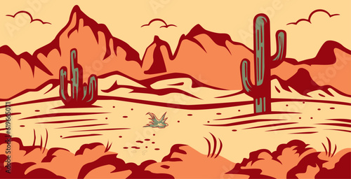 Sandy desert landscape flat vector illustration. Empty valley with rocks, cliffs and green cacti. Dry land with drafts and hot climate. Arizona Beautiful panoramic view.