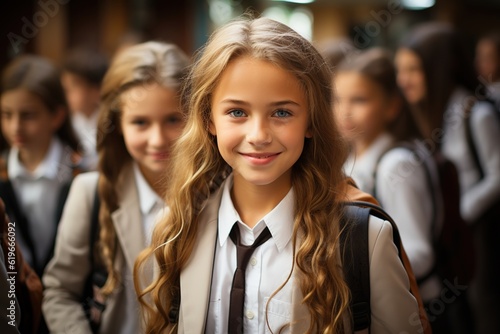 Portrait of girls in school uniform. The girls go to school. Generative AI.
