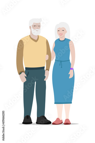 Elderly couple. Happy seniors pair standing together. Old women and men, spouse