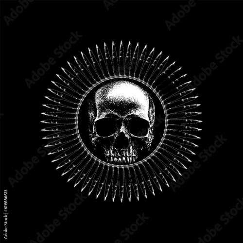skull inside bullets circle hand drawing vector isolated on black background.