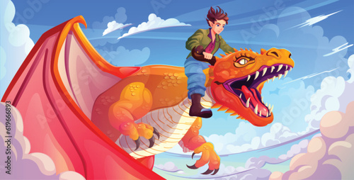 Elf character flying on dragon in sky. Vector cartoon illustration of brave young man riding reptile monster with huge wings, sharp fangs and claws against cloudscape background. Fairy tale adventure