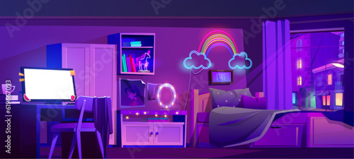 Teen girls bedroom at night. Vector cartoon illustration of tidy room with bed, desktop computer with blank screen, chair, bookshelf, wardrobe, neon lamps, pictures on wall. Cityscape view in window