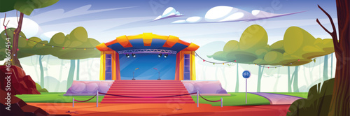 Concert stage for music festival outdoor in public park. Summer landscape with podium with microphones and stairs for band concert, dance show or performance, vector cartoon illustration