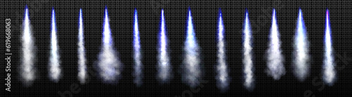 Fire trail with smoke of rocket, space ship or jet launch. Blast effect or takeoff of spaceship, shuttle or missile with blue flame and steam clouds, vector realistic set