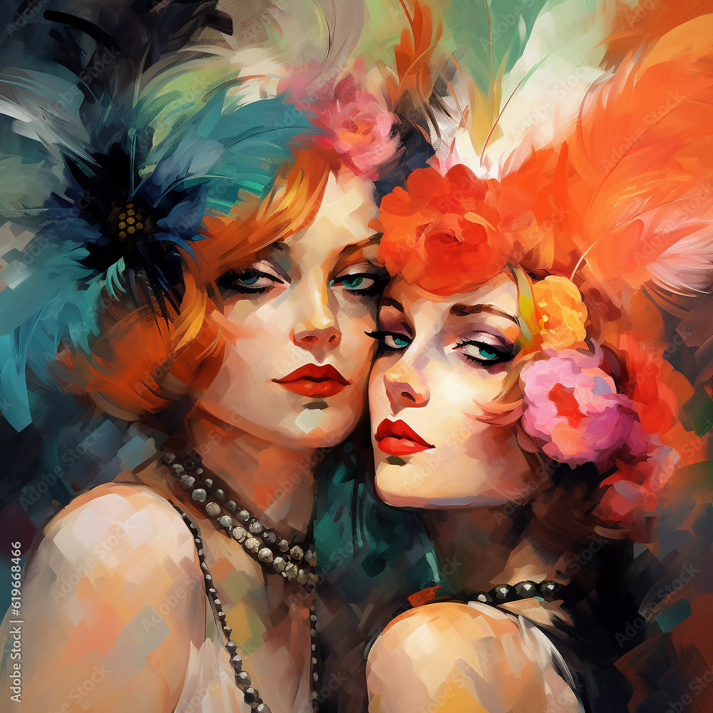 Colorful Painting of Two Flapper Women Colorful Painting of Two Flapper Women