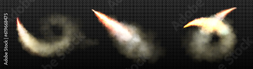 Realistic smoke and fire trails set isolated on transparent background. Vector illustration of condensation lines left by aircraft in sky, missile launch contrail, rocket flight, airplane speed effect