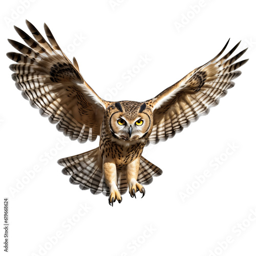 Flying Owl isolated on white background. Night bird, wildlife