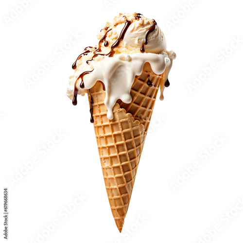 Melting Ice Cream Cone isolated on white background.  Transparent background