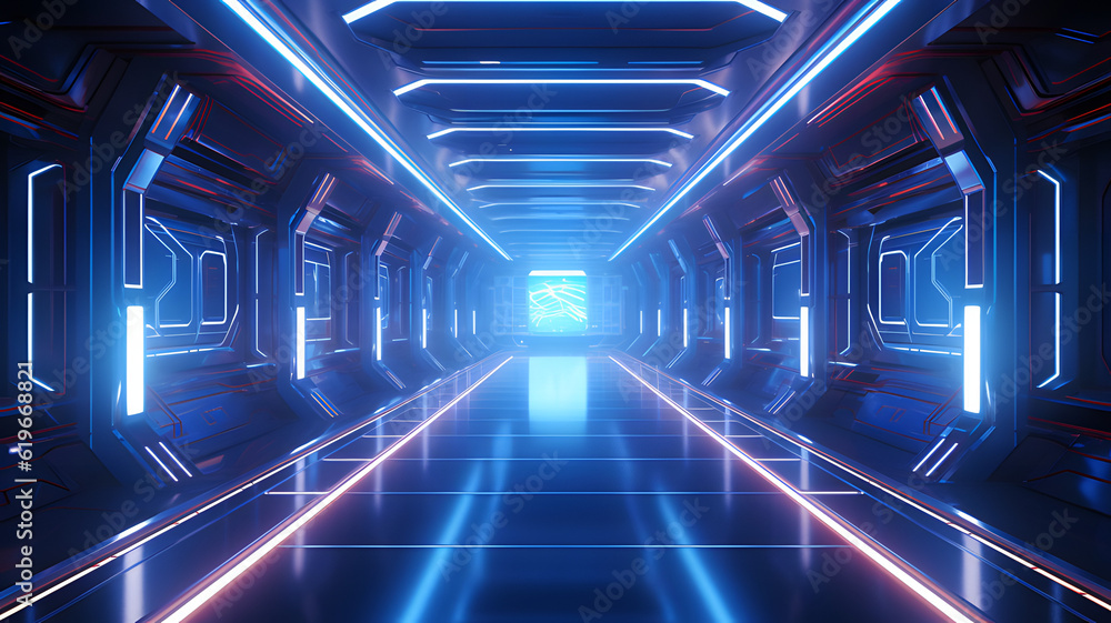 Science fiction corridor spaceship interior leading to a supercomputer AI, future technology concept, 3D rendering, futuristic design, high-tech environment, Generated AI