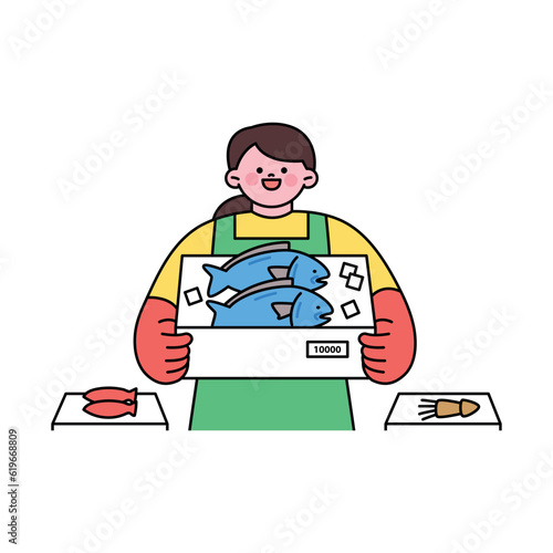sea life illustration. A fishmonger is holding a box of fish and smiling.