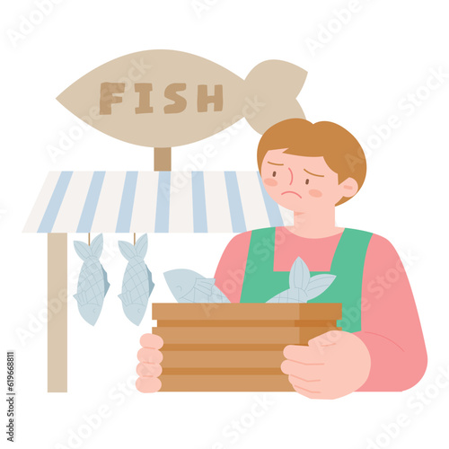 sea life illustration. A fishmonger with a worried face holding a box of stock.