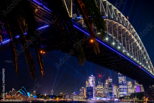 Sydney Harbour Bridge, Sydney with colorful lights as part of the Vivid Sydney festival