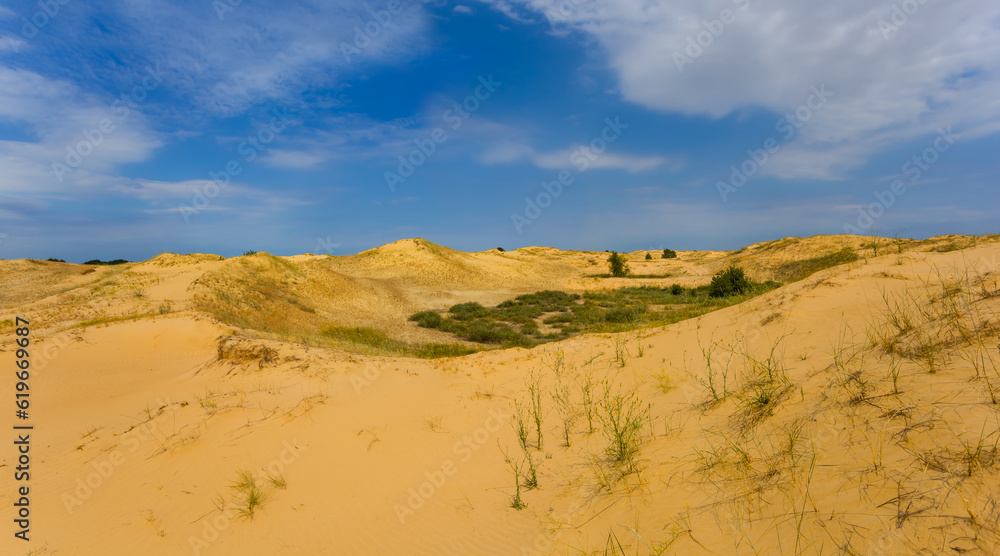 summer sandy desert dune under blue cloudy sky