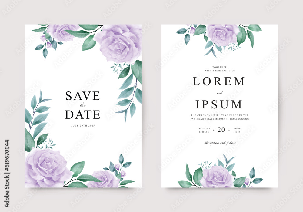 Beautiful wedding invitation with watercolor purple roses