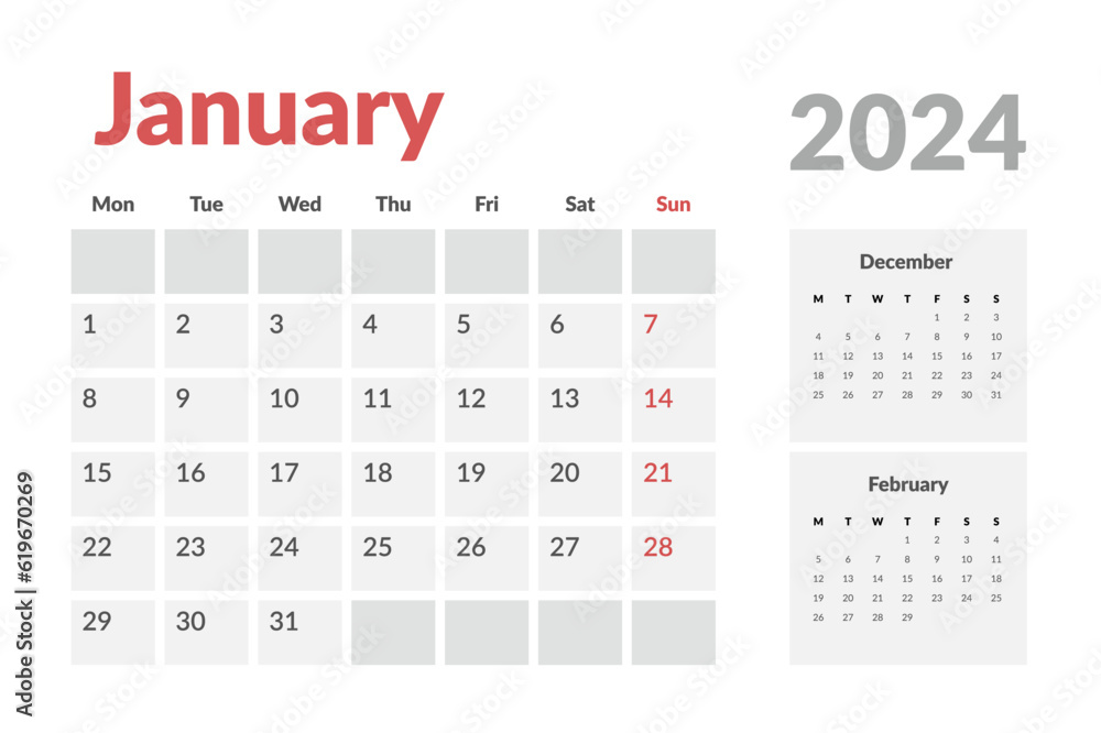 Calendar Template of january 2024. Vector layout simple calendar with week start Monday. Calendar Template of january 2024. Vector layout simple calendar with week start Monday.