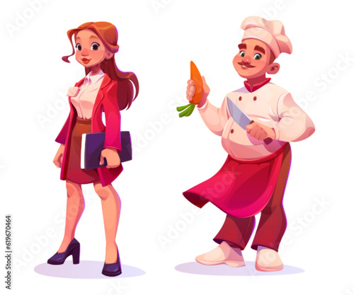 Restaurant chief and manager people worker vector set. Cook food service employee character illustration with man and woman. Cafe hostess team icon design for commercial culinary or catering business