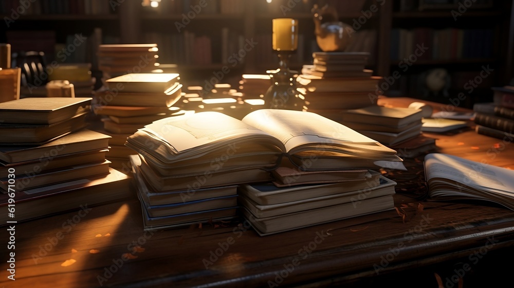 Old books piled up on the desk,Sunlight,generative ai