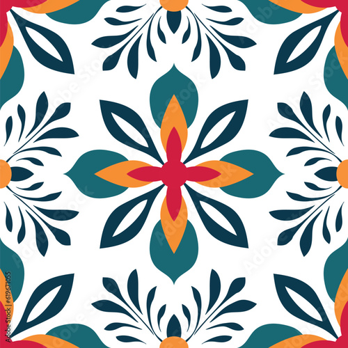 Seamless pattern botanical arabesque with blue, yellow and orange colour