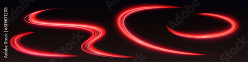 Realistic set of neon red waves isolated on transparent background. Vector illustration of highway traffic speed effect, luminous light trail, curve lines, magic energy stream glowing in darkness