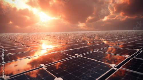 The surface of the solar battery with the reflection of the sun and the sky futuristic background. Green energy concept, solar power plant with panels on the farm. AI generated