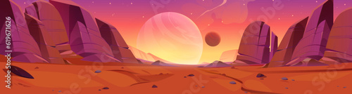 Red alien planet surface with rocky stones. Vector cartoon illustration of martian desert landscape covered with orange dust  stars glowing in sky  cosmic galaxy exploration  adventure game background