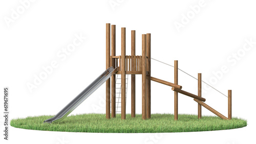wooden slide playground on grass isolated