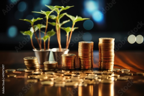 Currency coins stack growth graph with bokeh light on background, investment concept. plants grow on coins