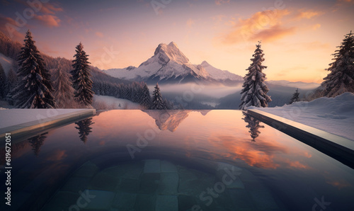 Sonnenuntergang am Pool im Winter, generative AI © Jenny Sturm