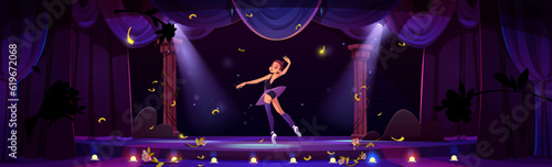 Ballerina performing on theater stage. Vector cartoon illustration of slim girl dancing ballet on dark scene illuminated by spotlights, flowers and golden confetti flying in air after premiere