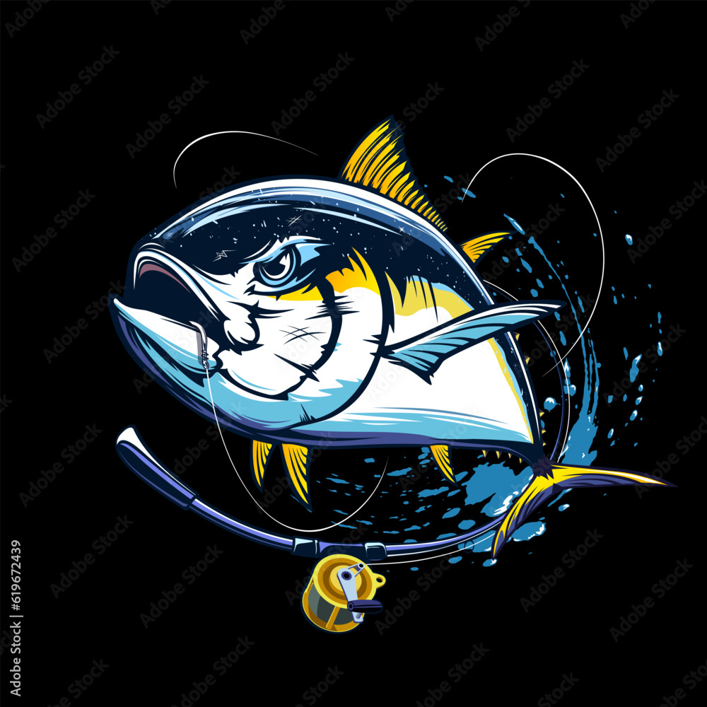 Tuna fishing logo vector illustration. Tuna fishing emblem isolated. Ocean  fish logo. Saltwater fishing theme. Stock Vector
