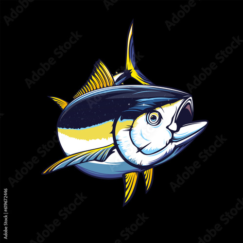 Tuna fishing logo vector  illustration. Tuna fishing emblem isolated. Ocean fish logo. Saltwater fishing theme.