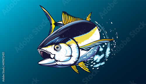 Tuna fishing logo vector  illustration. Tuna fishing emblem isolated. Ocean fish logo. Saltwater fishing theme.