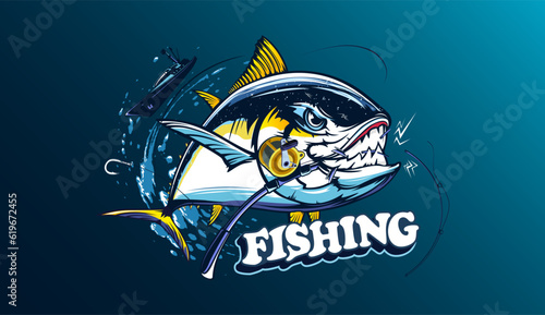 Tuna fishing logo vector  illustration. Tuna fishing emblem isolated. Ocean fish logo. Saltwater fishing theme.