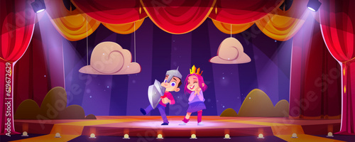 Happy kids performing on theater stage with decorations and illumination. Vector cartoon illustration of little children playing knight, princess in costumes, having fun at school show, art education