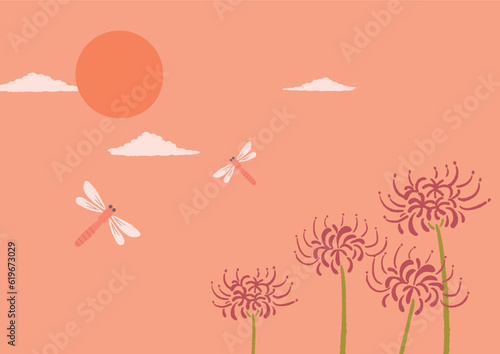 秋の赤とんぼと彼岸花のイラスト