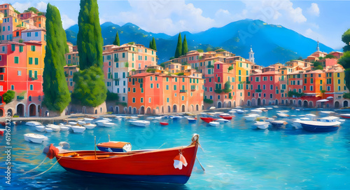 Photo Portofino taly oil paint impressionism art old houses sea boat in lagoone medit
